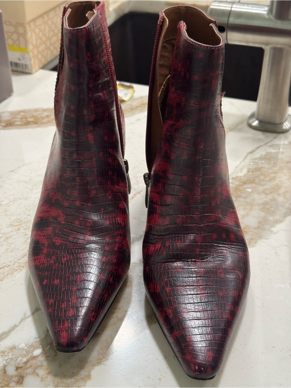 Franco Sarto Burgundy Croc-Embossed Pointed Ankle Boots